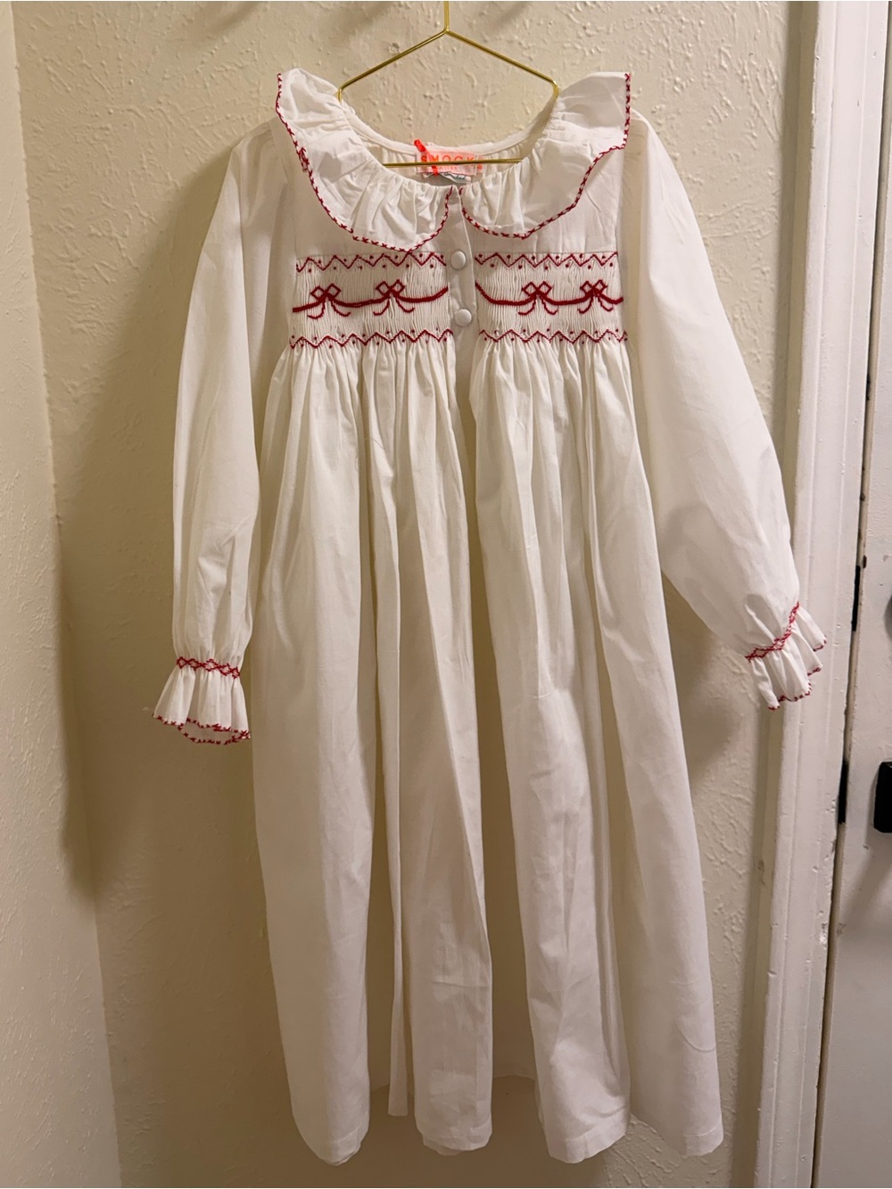 Girls White dress with Red Smocked Trim